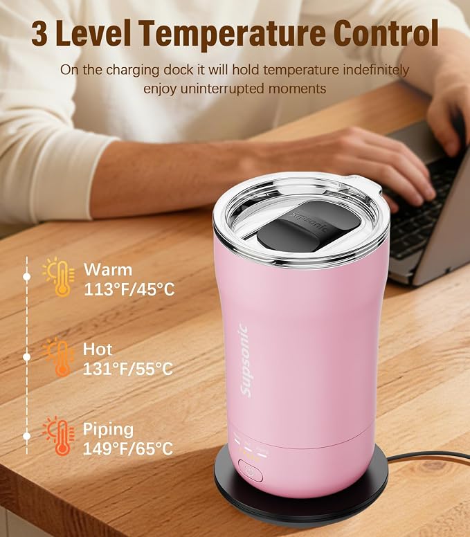 Supsonic - 14oz Heated Coffee Mug, Self-Heating Travel Mug with 3-Temp Settings, Insulated Stainless Steel Constant Temperature Heating Mug for Beverage, Smart Heating Portable Coffee Mug | S1