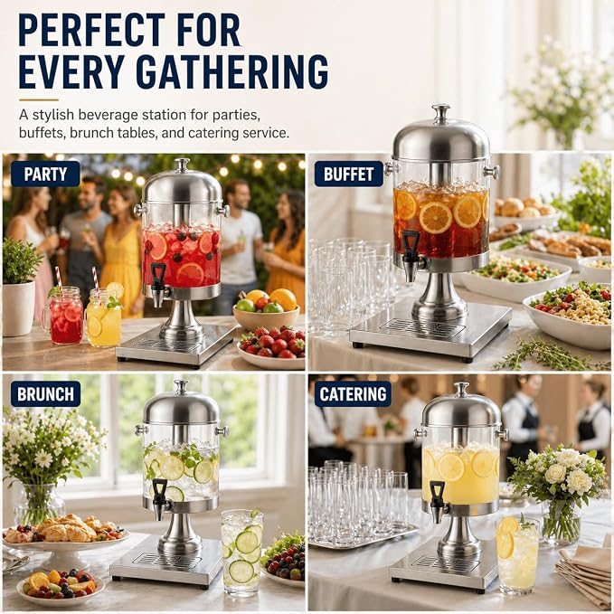 2.2 Gallon Drink Dispenser with Ice Core and Stand | Beverage dispenser with ice core, stand, and drip tray for cold drinks, juice, lemonade, iced tea, beer, and parties.