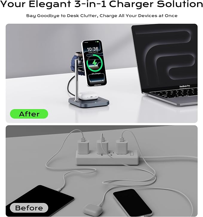 Qi2.2 Charging Station for Apple, 25W 3 in 1 Magsafe Charger Stand with Active Cooling Fan, Magnetic Wireless Charger for iPhone 17/16/15/14/13/12, Apple Watch, AirPods (with 45W Adapter)
