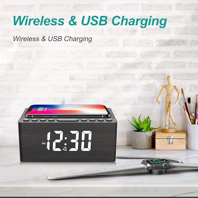 ANJANK Wooden Digital Alarm Clock FM Radio,10W Qi Certified Fast Wireless Charging Station for iPhone/Samsung Galaxy,5 Level Dimmer,USB Charger,9 Wake up Sounds, Bedroom, Bedside, Desk, Nightstand