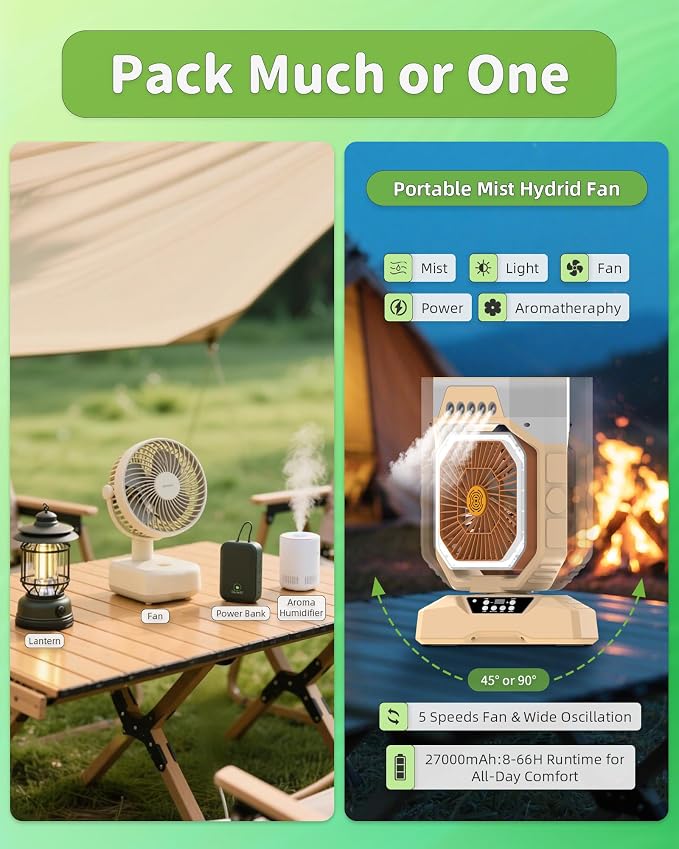 Weljoy Desk Fan 5 Sprayers Rechargeable Misting Fan for Camping & Home – 5 Speed Portable Cooling Fan with Mist 560ml Water Tank Aromatherapy Diffuser Timer 27000mAh Fast-Charging Battery(Biege)