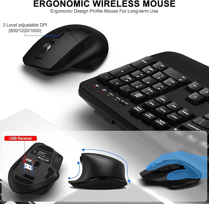 Wireless Keyboard and Mouse Combo, 2.4G Full Size Wave Keys Ergonomic Keyboard with Wrist Rest, Phone Holder, 3-Level DPI Adjustable Wireless Ergonomic Mouse for Windows, Mac Desktop/Laptop/PC(Black)