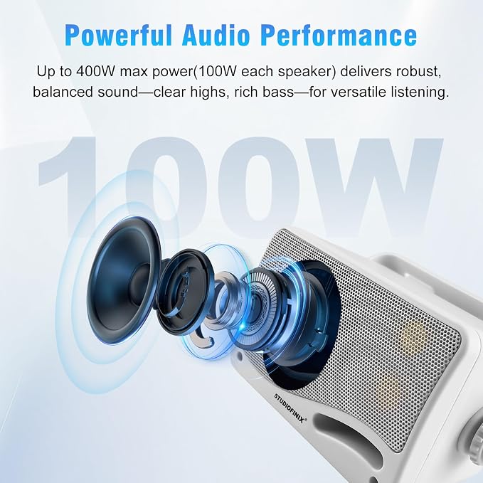 STUDIOFINIX 3.5" Outdoor Bluetooth Speakers Wired Waterproof, 400W 3 Way Upgrade Premium Wall Mount Speakers, Durable Mountable Loud Sound System for Patio Indoor Deck Garage (White 2 Pairs)