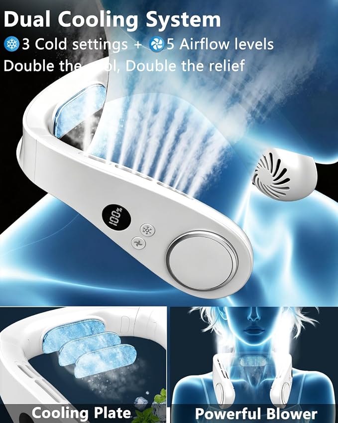 AJGJF Neck Fans that Blow Cold Air,5500mAh Neck Fan with Cooling Plate, 5 Speeds & 3 Cooling Levels, LED Display Battery & Speed, USB-C Rapid Charging, Hands-Free for Travel, Hiking, Gym White