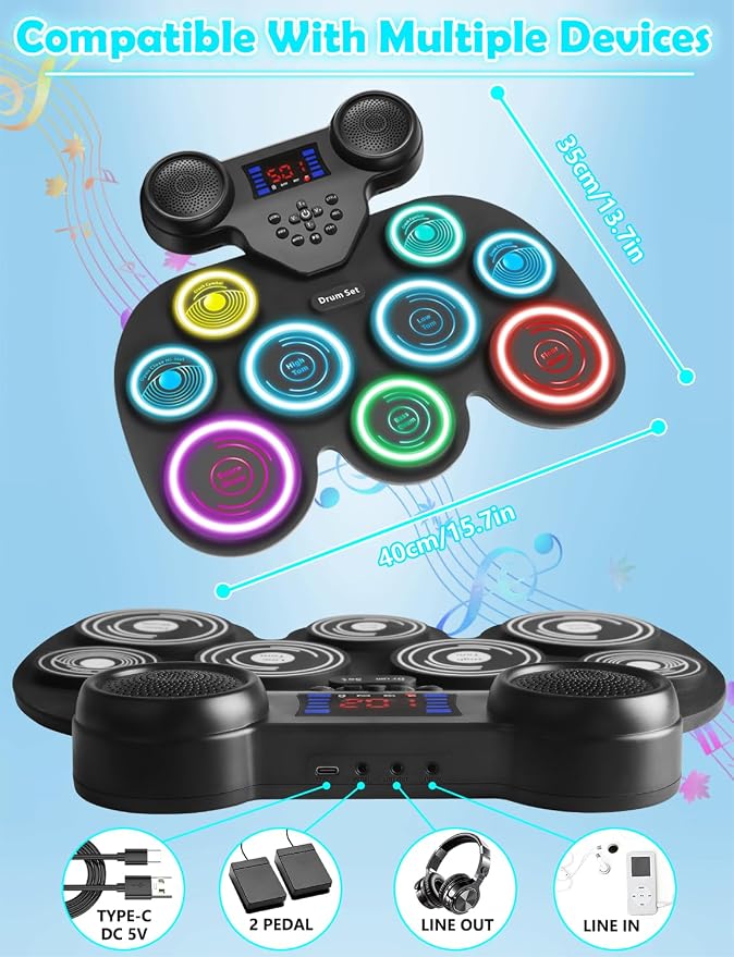 Electric Drum Set with 7-Color Dynamic LED Lights, 9-Pad Electronic Drum Set with Dual Speakers, Bluetooth MIDI, Portable Practice Drum Pad for Kids & Adult Beginners, Christmas Birthday Gift