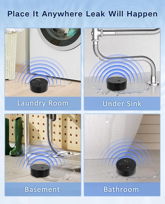 Geevon 1 Pack Water Leak Detectors, 100dB Water Sensor Alarms Flood Detector for Basements, Bathrooms, Laundry Rooms, Kitchens, Garages, and Attics, Water Alarms Battery-Operated (Battery Included)