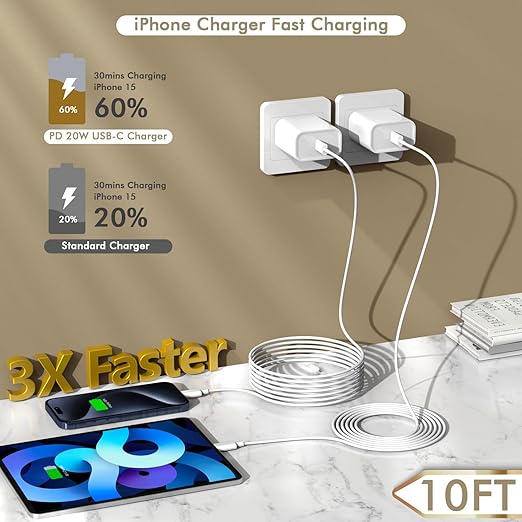 iPhone 17 16 15 Charger Fast Charging, 2Pack 10FT Extra Long USBC to C Cable Cord with 20W Apple iPad USB C Fast Charger USB C Wall Charger Block for iPhone 17/16 Pro Max/17 Air/16 Pro/15/15 Plus,iPad