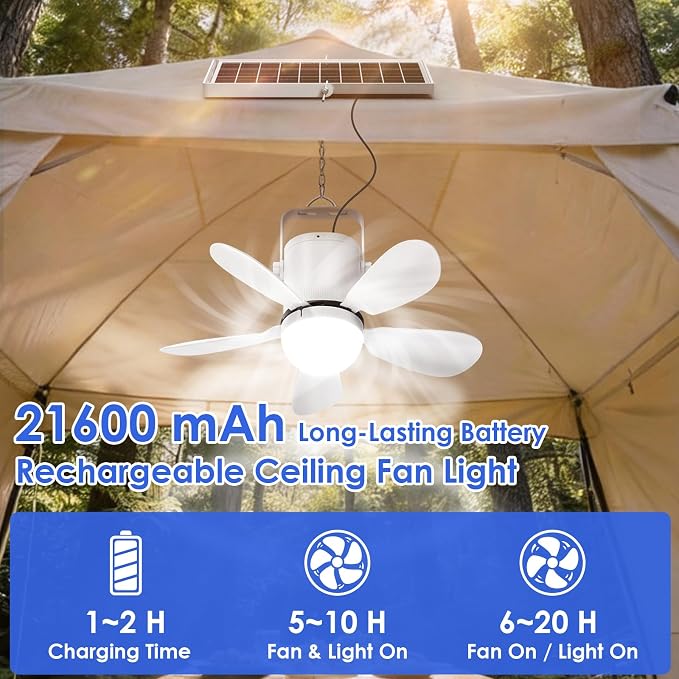 21” Solar Ceiling Fan with Light, Solar Gazebo Fan Light Outdoor with Remote, Portable Rechargeable Battery Operated Camping Fan, for Outside Canopy Tent Porch Patio Greenhouse RVs Pergola