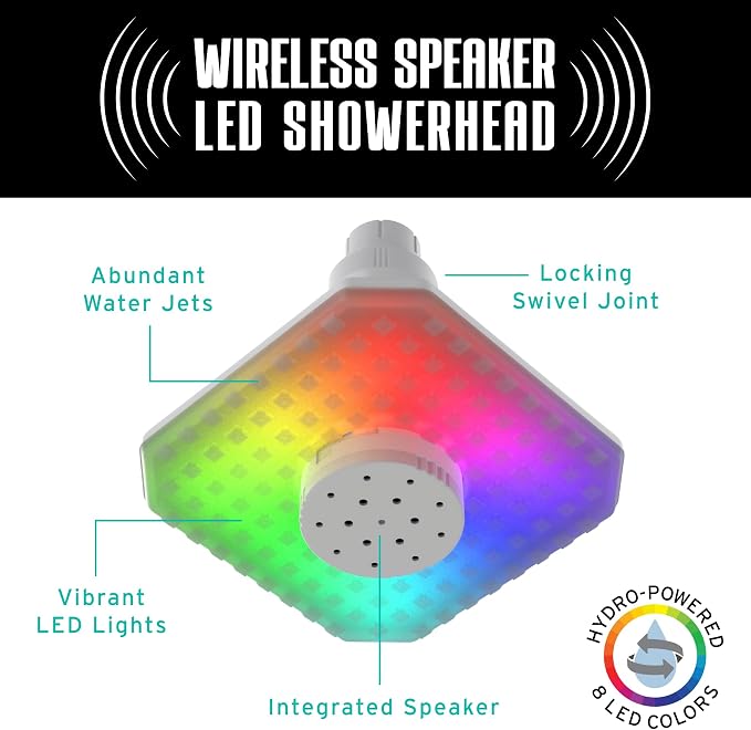 Bluetooth shower speaker waterproof with lights- color changing showerhead- shower light LED- Perfect bathroom speaker, shower light- Enjoy light up shower head with Music in The Shower