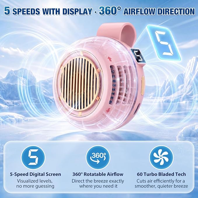 2 Pack Portable Silent Mini Bladeless Fan Clip on 5 Adjustable Speeds Digital Display 360 Rotatable USB Rechargeable Electric Small Fan for Shirt Waist Outdoor Travel(Pink)