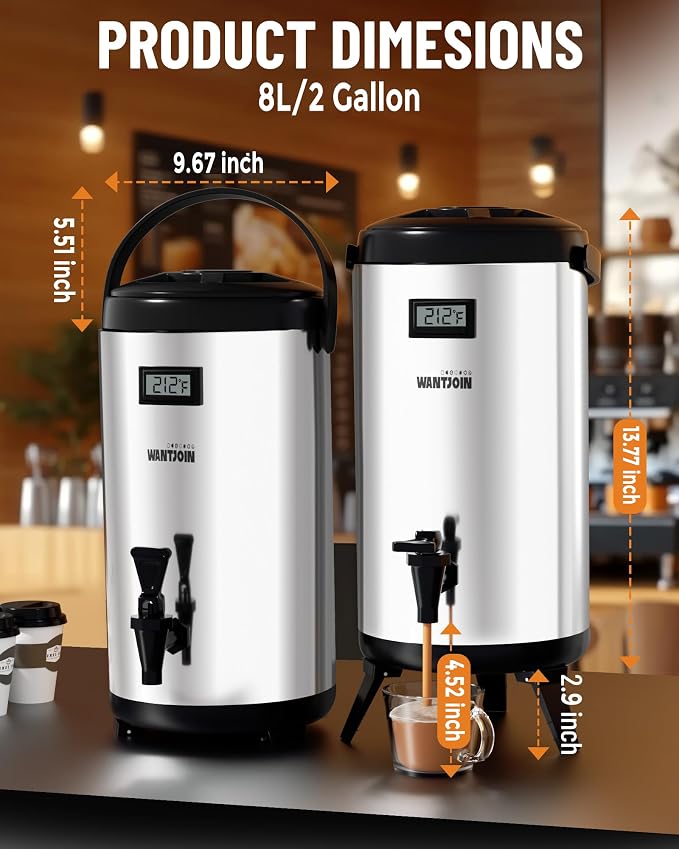 WantJoin Insulated Beverage Dispenser-55 Cup Hot&Cold water Urn for Catering-Stainless Steel Premium 8 L/2 Gallon Hot Drink Dispenser with Spigot for Coffee & Hot tea,Cold Milk,Water,Juice(Silver)
