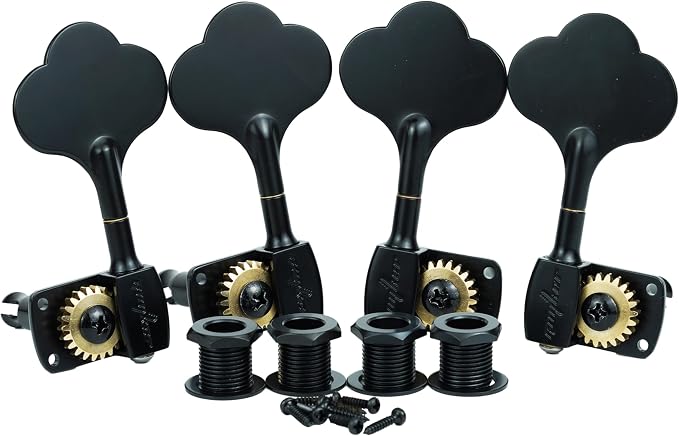 Guyker Bass Tuners (2R + 2L) - 1:22 Ratio Gear Open Frame Bass Drop Locking Machine Head Tuning Key Pegs Replacement for Electric Jazz Guitar Bass or Precision Instruments, BB100 Black