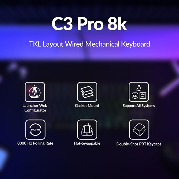 Keychron C3 Pro TKL 80% Wired Mechanical Keyboard, 8K Polling Rate, QMK/VIA Programmable, Hot-Swappable, RGB Backlit Shine-Through Keycaps, Super Banana Switch, for Windows/Mac