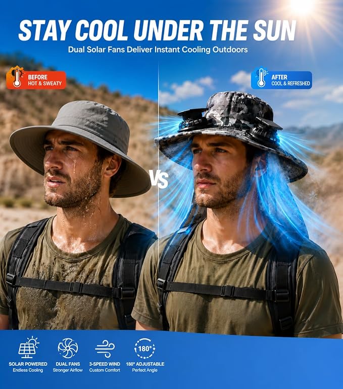 FUNHORUN Fishing Hat with Fans, Wide Brim Solar Fan Hat for Men Women, Outdoor Fishing Camping Hat with Neck Flap, Camo Bucket Hat