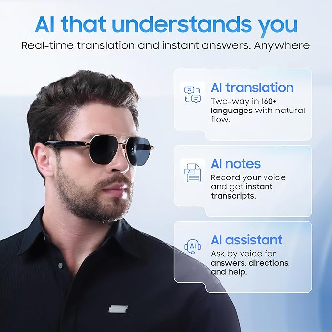 LIMU Gen 5 AI Smart Sunglasses - AI Glasses with Real-Time AI Interpreter, Open-Ear Bluetooth Audio for Calls & Music, Premium 33 g Metal Frame, Travel & Business Ready for Women & Men