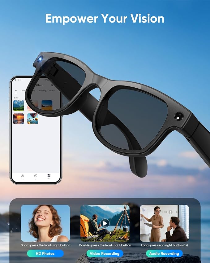 CJkao Smart Glasses with Camera, HD Camera Glasses, Video Recording, Voice Assistant Control Bluetooth Music ai Glasses for Teenager Men Women (G2-Black)