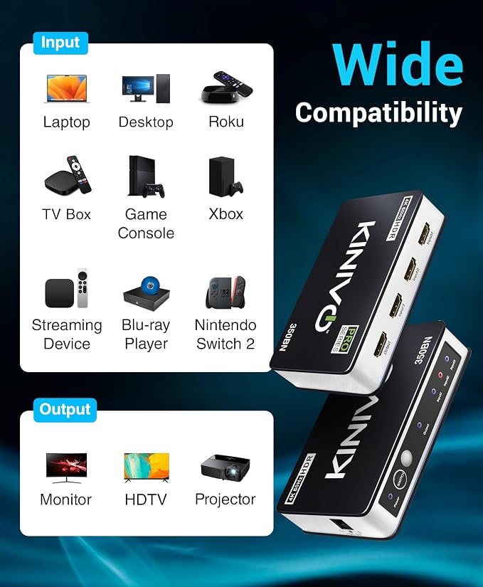 Kinivo HDMI Switch 3 in 1 Out 4K 60Hz (HDR 10, High Speed 18Gbps, IR Remote, HDCP2.2, Dolby Vision, VRR) - 350BN Switcher Compatible with Roku, PS5, Xbox, Apple TV, Nintendo Switch 2, Cable Box