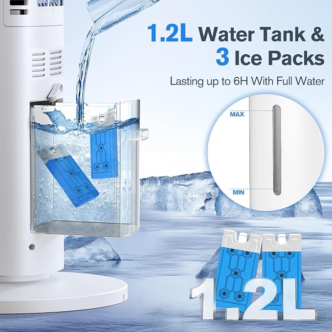 Windowless Portable Air Conditioners, 35’’ Cooling Tower Fan w/Remote, 7H Smart Timer & 70° Swing, 1.2L Water Tank With 3 Ice Packs, Ductless Air Cooler For Home Bedroom Office