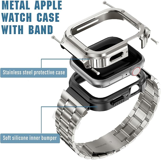 MioHHR Stainless Steel Watch Band with Case Compatible for Apple Watch Bands 38/40/41 mm,Rugged Strap with Metal Protective Bumper Cover for iWatch Series 9/8/7/6/5/4/SE/3/2/1 for Men(Titanium Color)