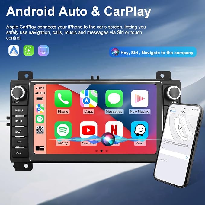 Car Radio for Jeep Grand Cherokee 2011 2012 2013, Dodge Durango 2011 2012 2013, 7 Inch Touch Screen Headunit Stereo Upgrade with Wireless Carplay Android Auto 5GWiFi Backup Camera Bluetooth GPS FM SWC