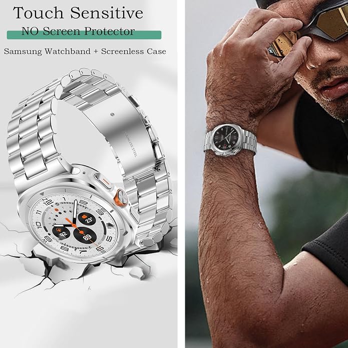 Stainless Steel Metal Band Compatible Samsung Galaxy Watch Ultra 47mm(2025 2024) with Case,Replacement Business 22mm Strap for Galaxy Watch 7 8 Ultra for Men (black+silver)
