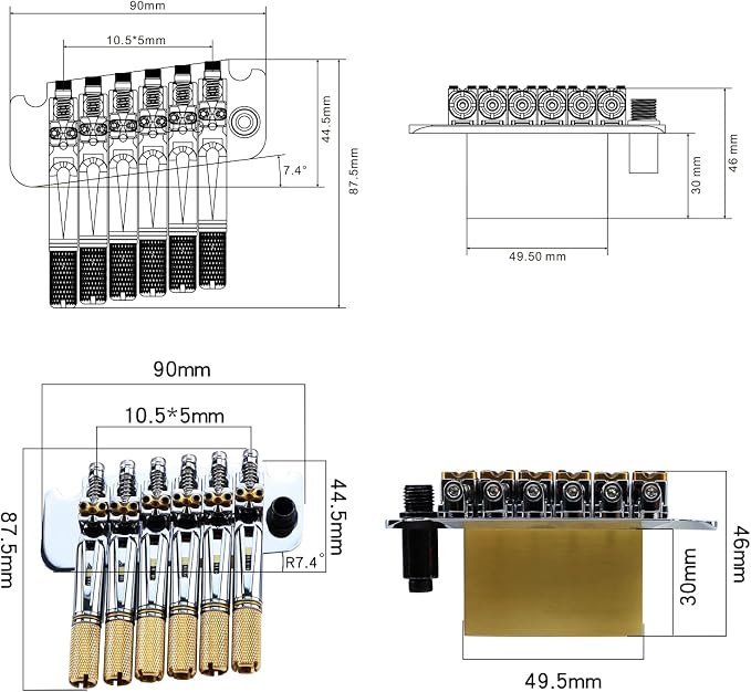 10.5mm Headless Electric Guitar Bridge Chrome Brass Block Saddle Hardened Steel Plate 2 point tremolo bridge for Fanned-fret 6 String Headless Electric Guitar Replacement parts