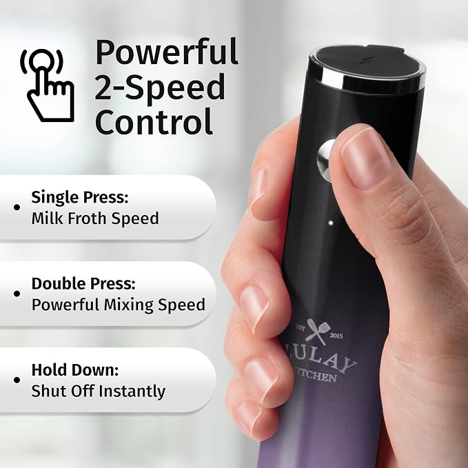 Zulay Kitchen Rechargeable Milk Frother Handheld - Frother Wand, Drink Mixer, Electric Whisk Frother, for Cappuccinos, Matcha & Protein Powder - Lux 4 Whisk 2 Speed Waterproof 2000mAh Black Purple