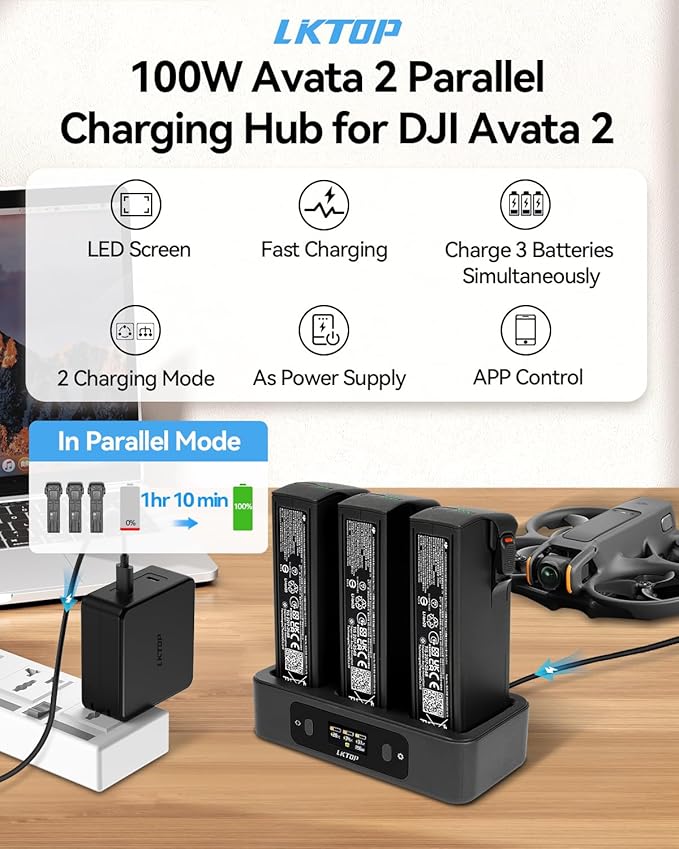 LKTOP 100W Replacement DJI Avata 2 Battery Charging Hub (2X Super Fast) Parallel USB-C Charger for DJI Avata 2 Drone Accessories, 60% Storage Mode, LED Screen Display (Charge 3 Batteries: 1hr 10min)