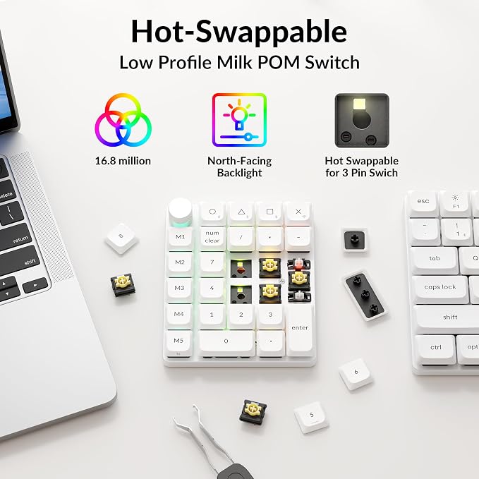 Keychron K0 Max QMK Wireless Custom Number Low-Profile RGB Backlit (Hot-Swappable) Banana Switch Keypad, 2.4 GHz & Bluetooth 5.3 Connection, 1000Hz Polling Rate - White