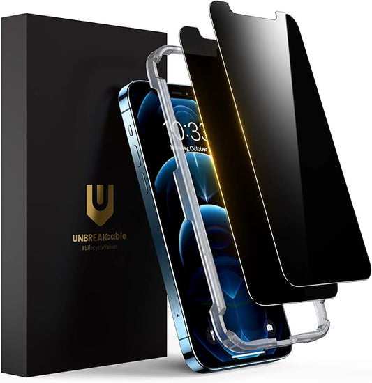 UNBREAKcable Privacy Screen Protector for iPhone 12/ iPhone 12 Pro, Shatterproof Tempered Glass [True 28°Anti Spy] [9H Hardness] [Easy Installation Frame] Black Protector for iPhone 6.1" - 2 Pack
