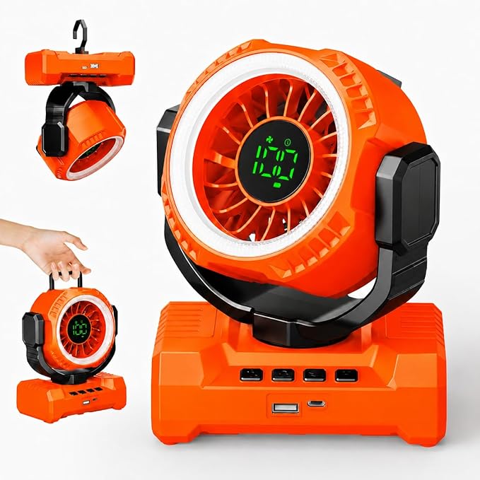 Portable Camping Fan 3-in-1, Auto-Oscillating 20000mAh Rechargeable Fan with Light, 1-100 Speed, 12H Timer, Display, Cordless Battery Powered Fan for Indoor, Outdoor, Travel, Fishing, Tent, Bedroom