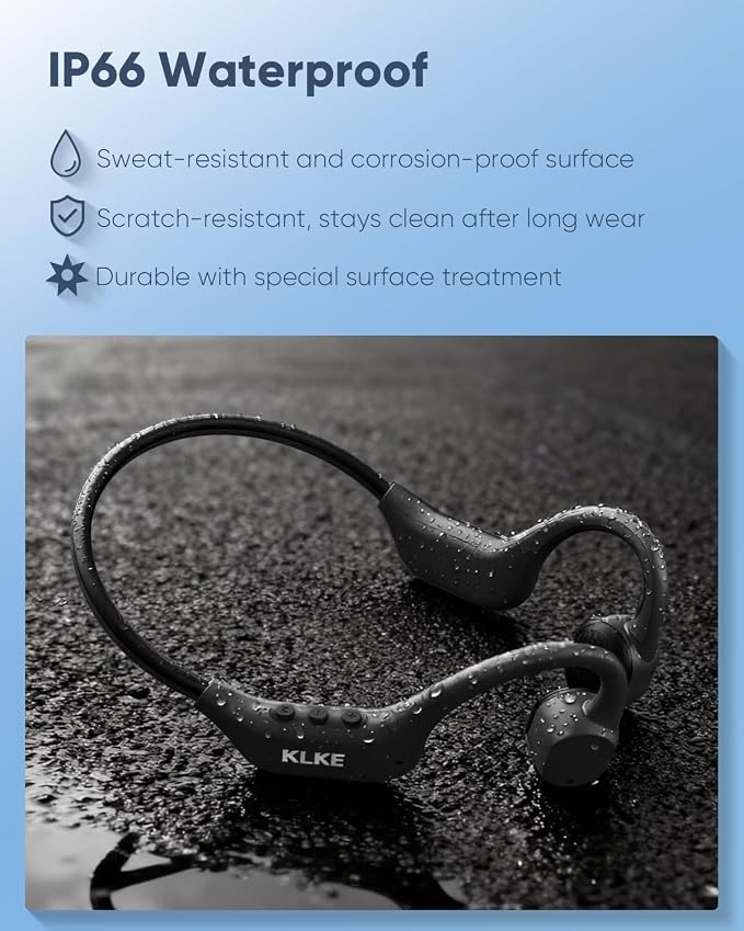 Open-Ear Bone Conduction Headphones, IP66 Waterproof, Integrated Transducer Running Headphones with Dual Mode, Rear Safety Light, 10H Battery,Advanced Mic for Cycling, Hiking & Outdoor Sports