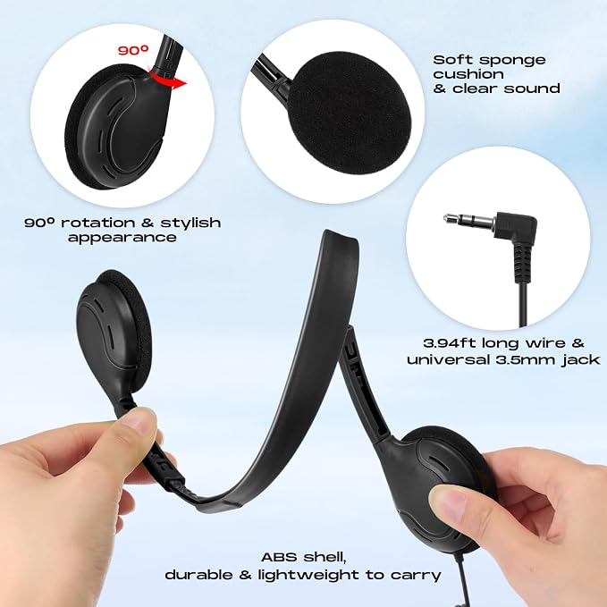 Yunsailing 10 Pack Bulk Over Ear Headphones Set On Ear Headsets Earphones with Adjustable Headband and 3.5mm Plug for Group Learning, Computer Lab, Library, Online Lesson (Black)