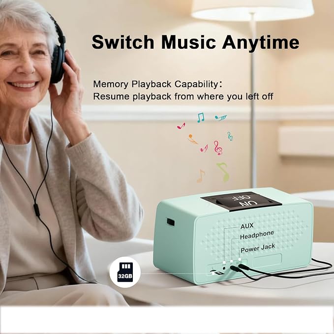 Large Button Simple Music Player for Seniors, Easy MP3 Player for Elderly, Dementia, Blind,Alzheimer's & Visually Impaired, Music Box with 32GB TF Card, One-Touch Play (Blue)
