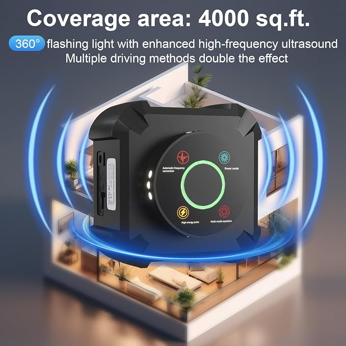 Ultrasonic Mouse Repeller & Pest Repellent with 12 Strobe Lights, 4 Frequency Modes – Indoor Plug-in Rodent Control for Home, Garage, Attic, Electronic Mice Deterrent Devices, Black