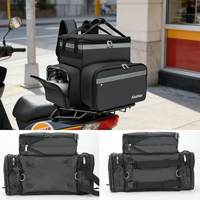 Food Delivery Backpack with 4 Expandable Cup Holders,Insulated Food Delivery Bags for Takeout Bike, Expandable Large Pizza Takeout Bag for Hot/Cold Fits for Uber Eat,Camping (500D tarpaulin)
