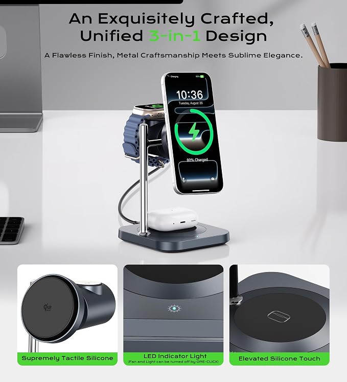 Qi2.2 Charging Station for Apple, 25W 3 in 1 Magsafe Charger Stand with Active Cooling Fan, Magnetic Wireless Charger for iPhone 17/16/15/14/13/12, Apple Watch, AirPods (with 45W Adapter)