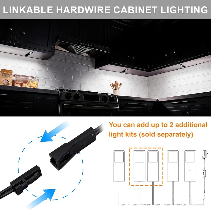 Under Counter Lights for Kitchen, Plug in Linkable LED Dimmable Hard Wired Under Cabinet Lighting for Kitchen Counter Closet, 3000K/4000K/5000K, 0.28 inch Ultra Thin, 3-in-1, Black, ETL