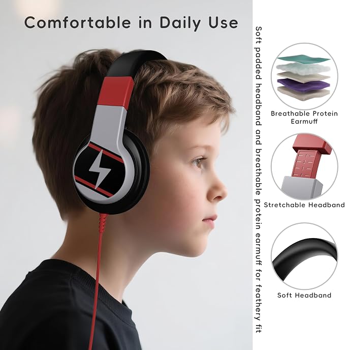 Candy Bila Kids Headphones, Wired Headphones for Kids Over Ear with Microphone, 85/94dB Volume Headphone for Girls Boys, Foldable Headphone for Learning & Entertainment, Black and Red