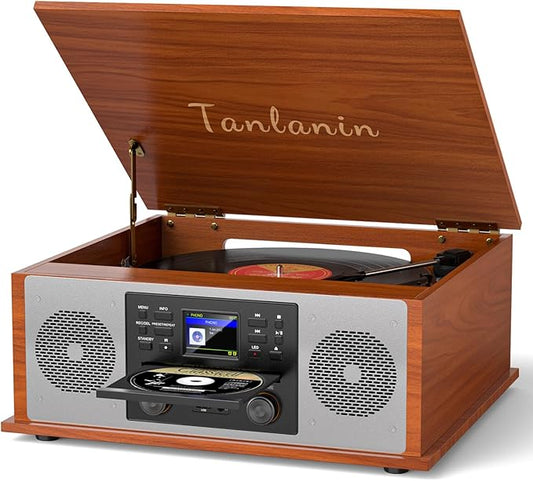 10-in-1 Vintage Bluetooth Record Player Multimedia Center with Built-in Stereo Speakers, CD Player, All-in-One 3-Speed Vinyl Turntable, Internet Radio, Clock, USB Recording, RCA Out,Red Wood