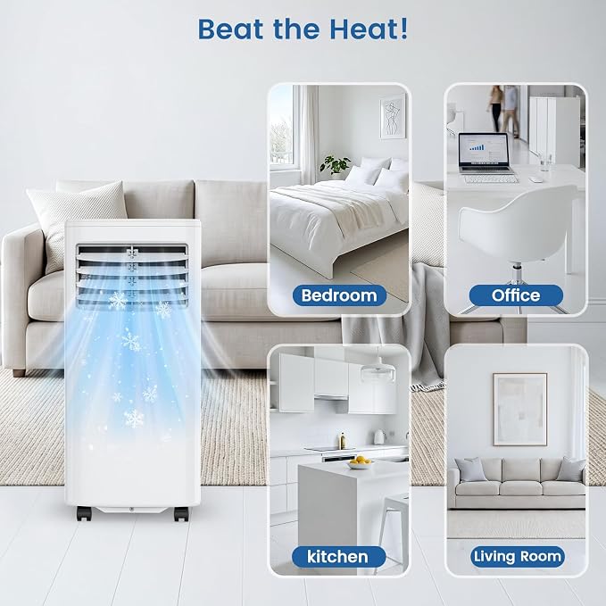 Electactic 8000 BTU Portable AC, 3-in-1 Air Conditioner with Dehumidifier & Cooling Fan, Remote Control, LED Display, Sleep Mode, Quiet, 24H Timer, 360° Casters & Window Kit, for Room Office Apartment