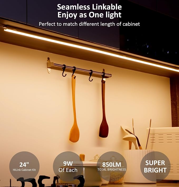 Leetdud Under Cabinet Lighting Plug in, 24 Inch 1 Pc, Linkable AC120V 3CCT 3000K/4000K/5000K Ultra Slim, LED Under Cabinet Lights for Counter Light, Kitchen, Shelf, Sink, Workshop, Desk, White