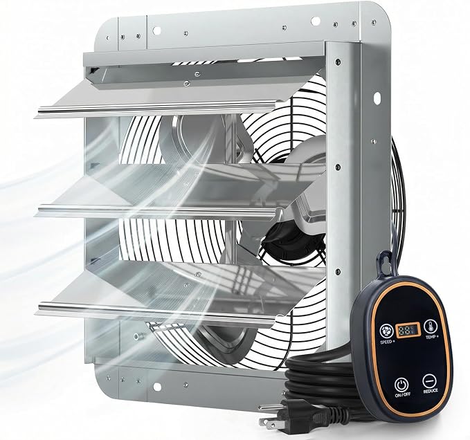 Amico 14" Shutter Exhaust Fan with Thermostat, 1775 CFM High Airflow Attic Fan for Garage up to 2500 Sq.Ft, 35W EC Motor 8-Speed Vent Fan, Auto-Close Louvers, Wall Mount, Plug & Play, FCC