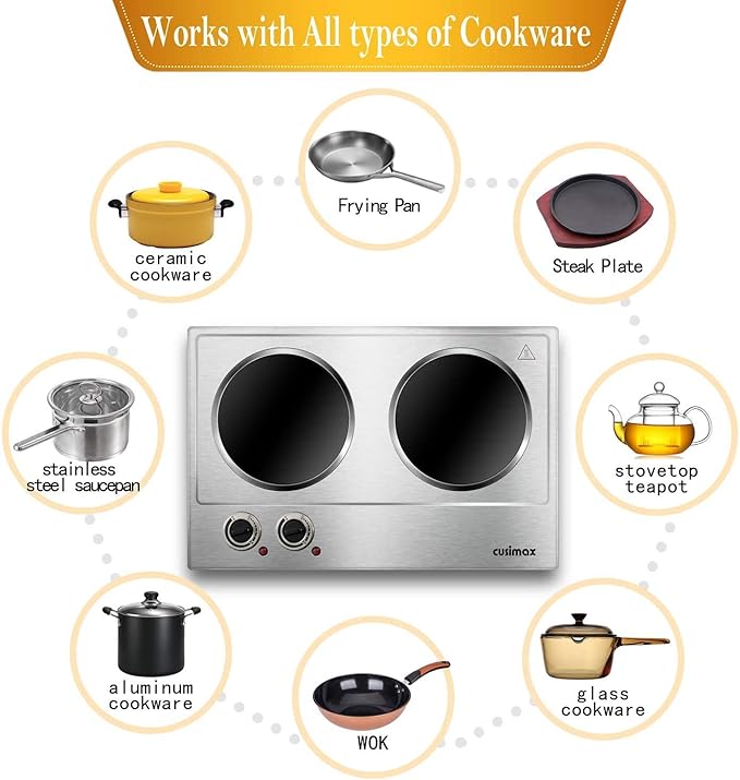 Double Burner, CUSIMAX 1800W Ceramic Electric Hot Plate for Cooking, Dual Control Infrared Cooktop, Portable Countertop Burner, Glass Plate Electric Cooktop, Silver, Stainless Steel-Upgraded Version