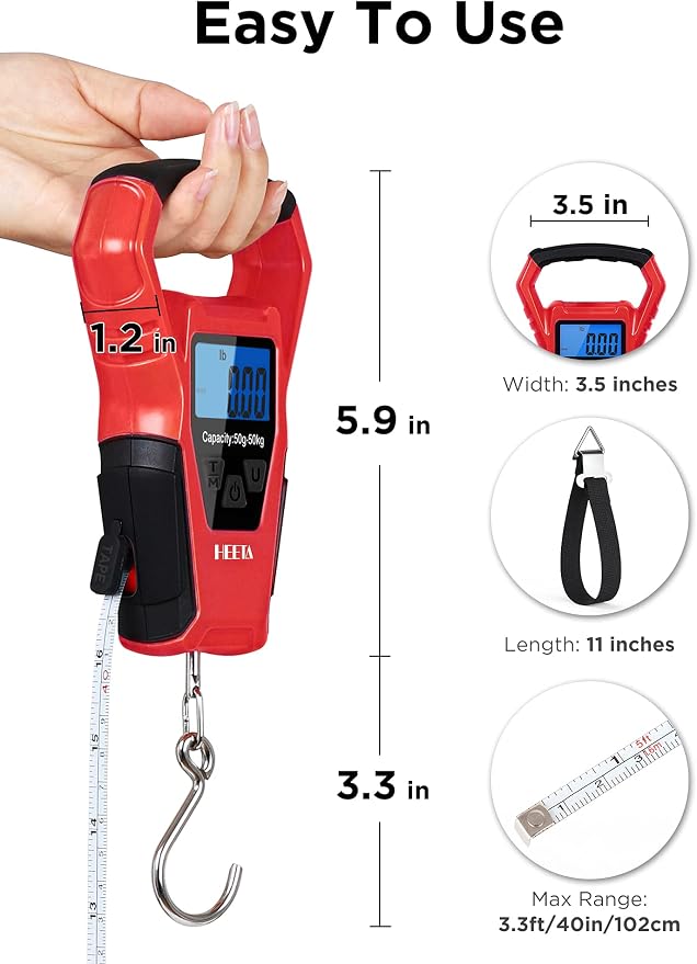 HEETA Waterproof Fish Scale Digital with Backlit LCD Display, 110lb/50kg Portable Hanging Scale Fishing Scale for Home and Outdoor, Measuring Tape and 2 AAA Batteries Included