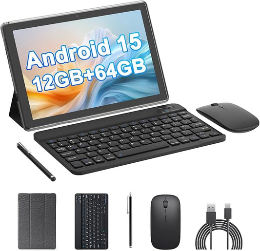 HOTTABLET Tablet 10-inch Android 15, RAM 12GB(4+8Expand) +ROM 64GB, 2+8MP Dual Camera, 6000mAh Battery, (Tablet+case+Stylus+beyboard+Mouse), Black