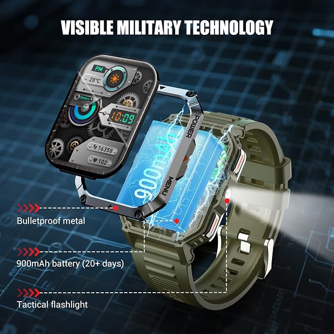 Military Smart Watches for Men，Smart Watch for Android iPhone with Large 2.01"Fitness HD Display/Flashlight/100-Day Battery/Compass/Heart Rate/120+ Sports Modes/IP68 Waterproof Smartwatch （2 Straps)