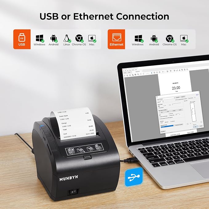 MUNBYN POS Printer, Receipt Printer USB Ethernet 80MM Thermal Printer P047, Impresora térmica, Black Supermarket POS Kitchen Printer with Auto Cutter Support Cash Drawer ESC/POS Windows System