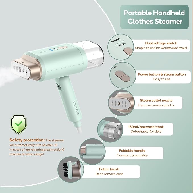 Newbealer Pro Business Travel Steamer, 1200W Dual Voltage, 180ml (Green) | Foldable & 20s Fast Heat, 360° Anti-Spill Garment Steamer, Solid 1.72 lbs, Auto-Off, for Global Business Trip/Hotel/Office