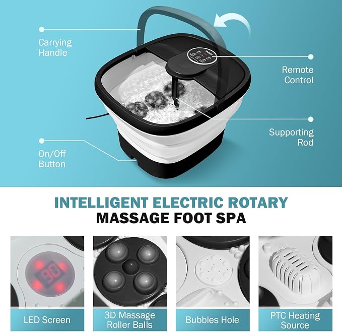 KNQZE Collapsible Foot Spa Electric Foot Bath with Heat, Bubble, Remote, 24 Motorized Shiatsu Massage Balls. Pedicure Soaking tub for Feet Stress Relax (Black)